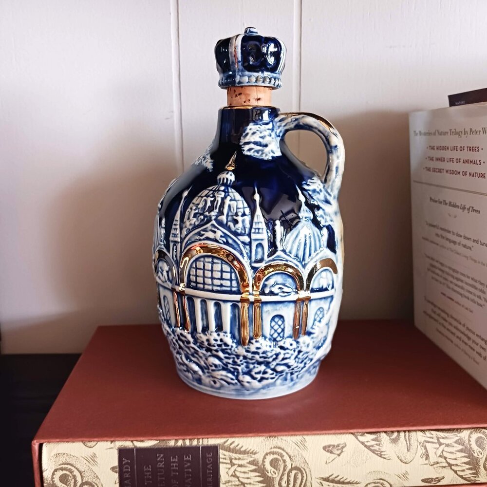 Vintage 60's Tilso Japan Cobalt Blue and Gold Porcelain Musical Decanter 8" High